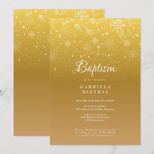 Erste Schneeflocken Gold Taufe Christening Einladung (Vorne/Hinten)