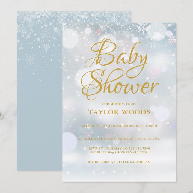 Erste Schneeflocken Winter Baby Dusche / Sprinkle Einladung (Vorne/Hinten)