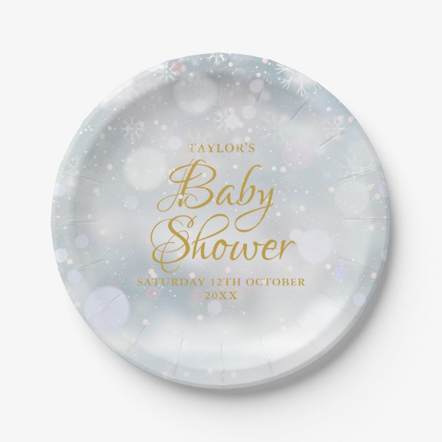 Erste Schneeflocken Winter Baby Dusche / Sprinkle Pappteller (Vorderseite)