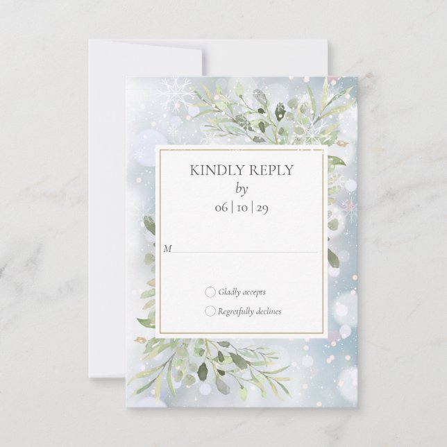 Erste Snowflakes Grüne Winterhochzeit RSVP Karte (Vorderseite)
