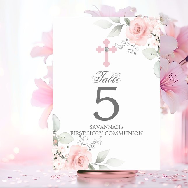 Erste Taufe der Heiligen Kommunion Rosa Rosenkreuz Tischnummer (First Holy Communion Baptism Pink Rose Girl Cross Table Number)