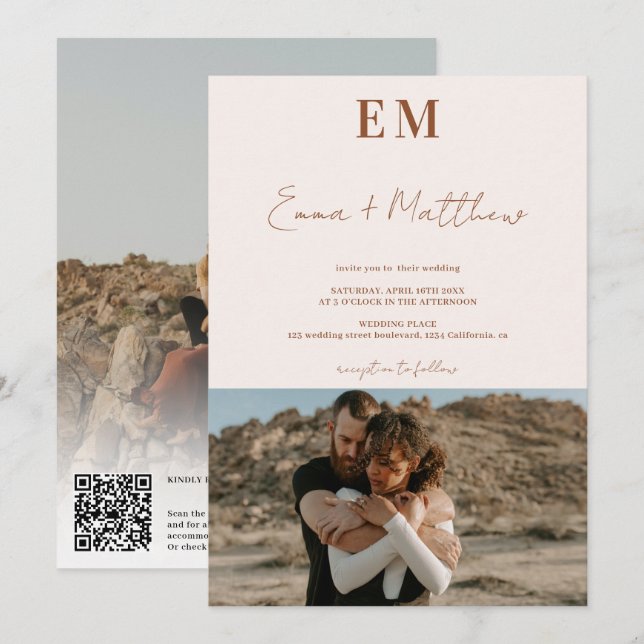 Erste Terracotta beige 2 Foto qr Hochzeit Einladung (Vorne/Hinten)
