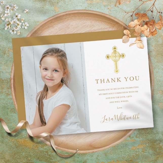 Erste Unterzeichnung des Fotos der heiligen Kommun Dankeskarte (First Holy Communion Gold Cross Signature Photo Thank You Card)