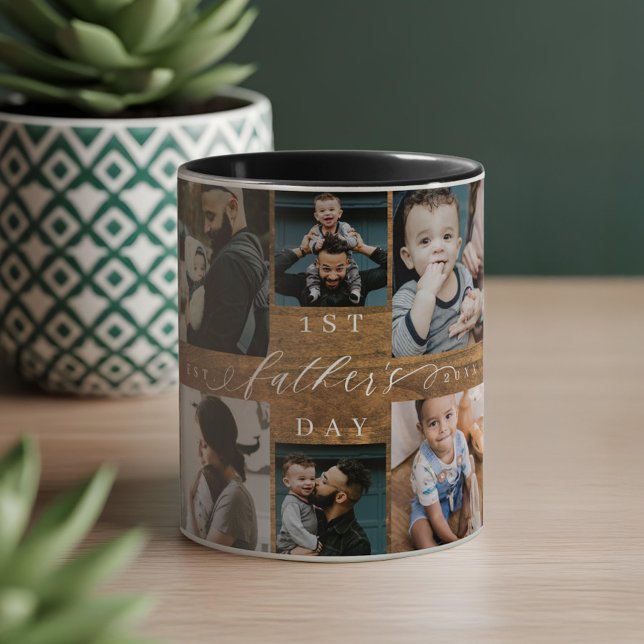 Erste Vatertag Rustikales Holzkornfoto Collage Tasse (First Father's Day Rustic Woodgrain Photo Collage Mug)