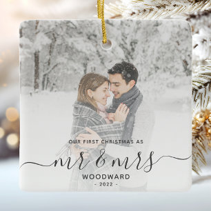 Erste Verheiratete Weihnachts Custom Foto Grau Scr Keramikornament