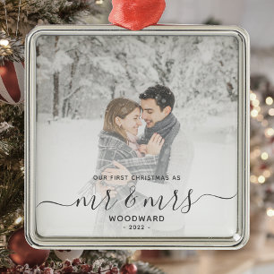 Erste Verheiratete Weihnachts Custom Foto Grau Scr Ornament Aus Metall