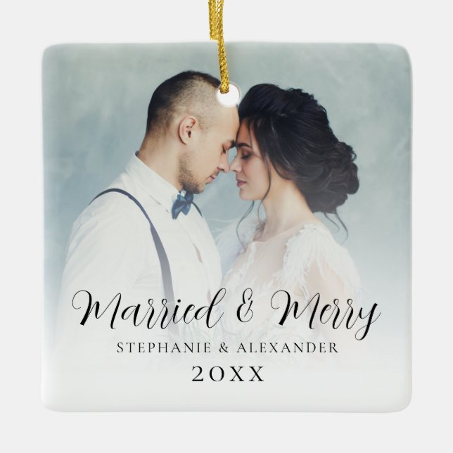 Erste Verheiratete Weihnachts-Foto Overlay Square Keramikornament (Vorderseite)