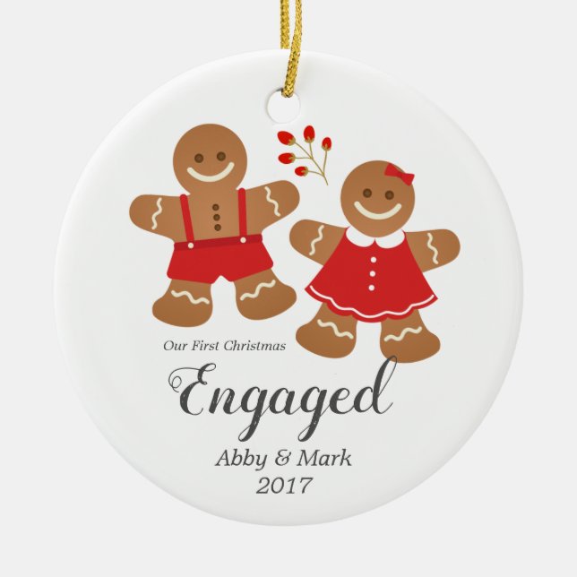 Erste verlobte Lebkuchen-Weihnachtsverzierung Keramikornament (Vorne)