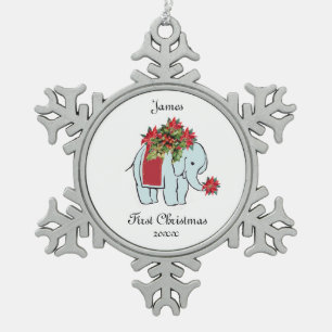 Erste Verzierung des Baby-Elefantblaus Weihnachts Schneeflocken Zinn-Ornament