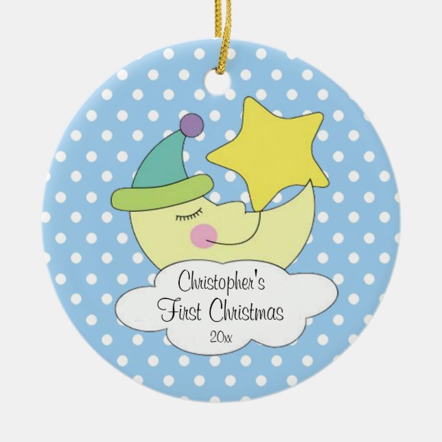 Erste Verzierung des blauer Mond-Babys Weihnachts Keramikornament (Vorne)