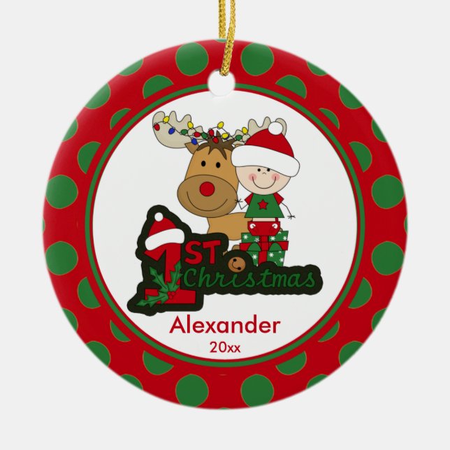 Erste Verzierung des Ren-Babys Weihnachts Keramik Ornament (Vorne)