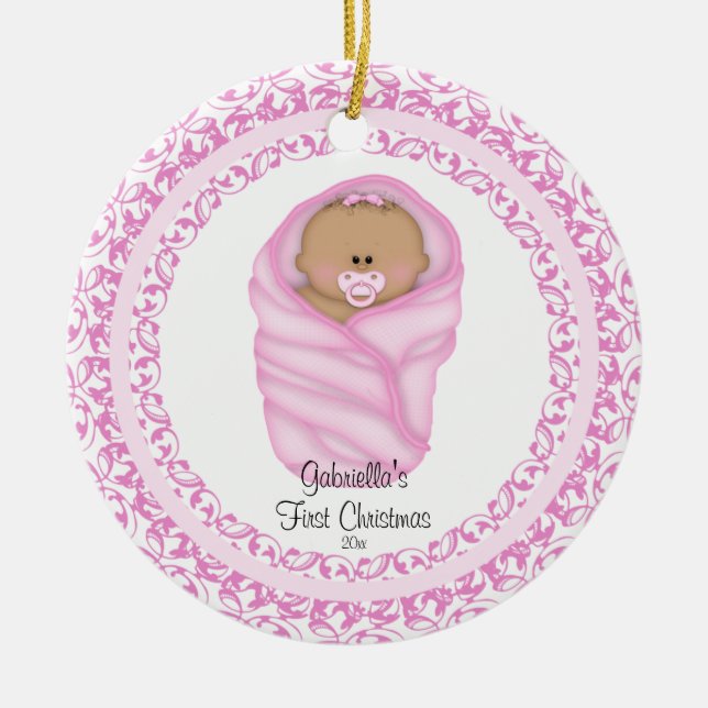 Erste Verzierung des rosa Baby-Babys Weihnachts Keramik Ornament (Vorne)