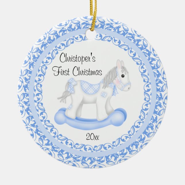 Erste Verzierung des Schaukelpferd-Jungen-Babys Keramik Ornament (Vorne)