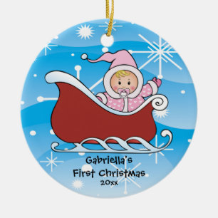 Erste Verzierung des Schnee-Pferdeschlitten-Babys Keramikornament