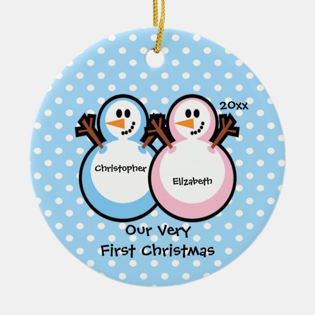 Erste Verzierung des Schneemann-Zwillings-Babys Keramikornament (Vorne)