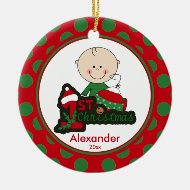 Erste Verzierung des Strichmännchen-Jungen-Babys Keramik Ornament (Vorne)