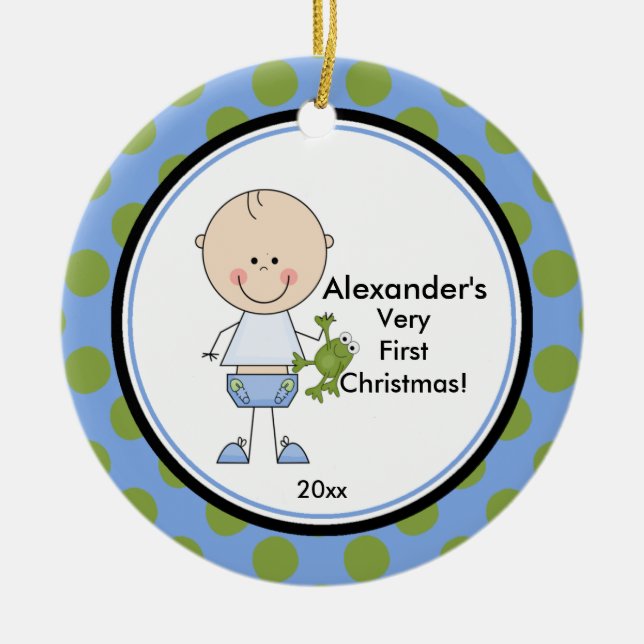 Erste Verzierung des Strichmännchen-Jungen-Babys Keramik Ornament (Vorne)