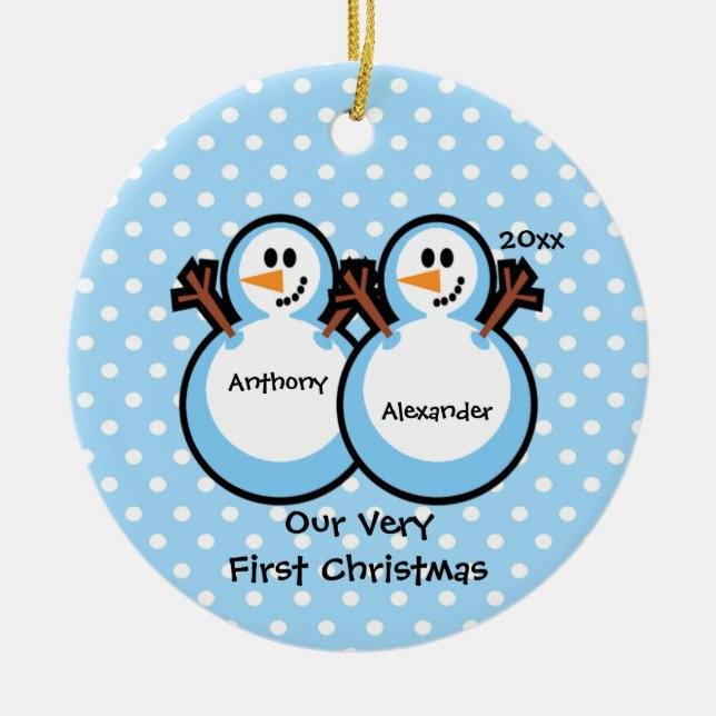 Erste Verzierung Schneemann-des Doppeljungen-Babys Keramik Ornament (Vorne)