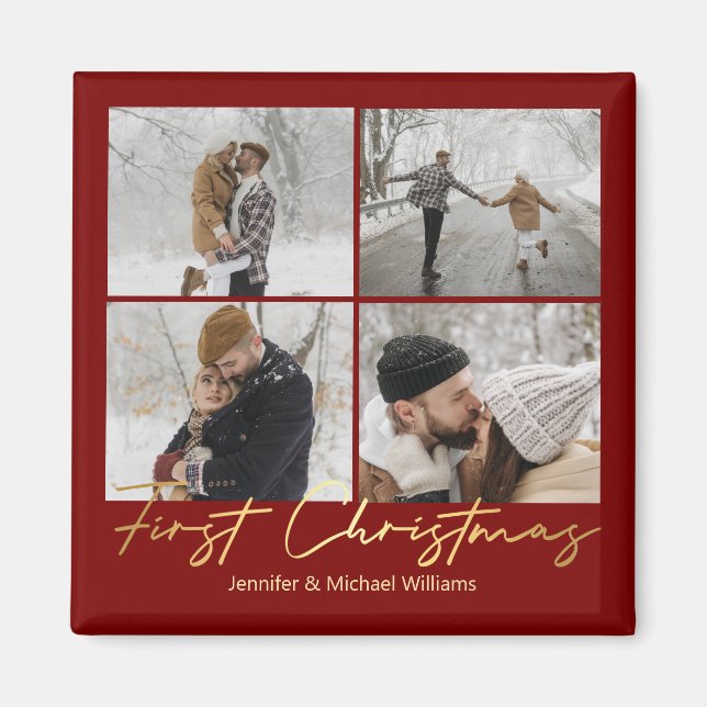 Erste Weihnachten, 4 Fotos Collage Gold Rot Hochze Magnet (Vorne)