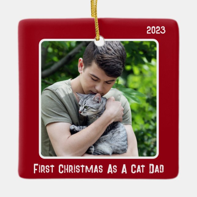 Erste Weihnachten als Chat Vater 2 Foto Rot Modern Keramikornament (Vorderseite)