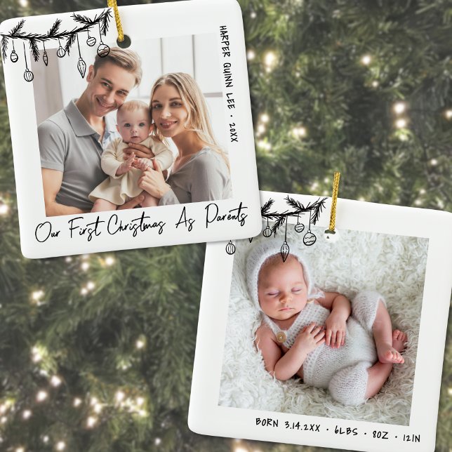 Erste Weihnachten als Eltern Baby-Foto Keramikornament (First Christmas As Parents Baby Photo Ceramic Ornament)