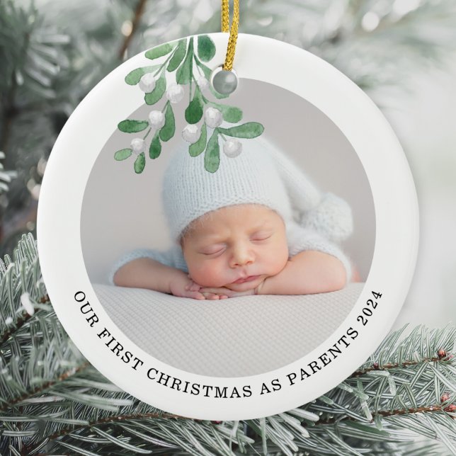 Erste Weihnachten als Eltern Foto Aquarell Keramik Ornament (Von Creator hochgeladen)