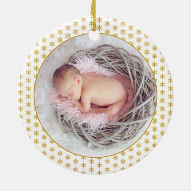 Erste Weihnachten als Eltern Gold Schneeflocken Fo Keramik Ornament (Hinten)