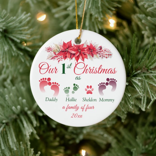 Erste Weihnachten als Familie von 4 Poinsettia Keramik Ornament (Baum)