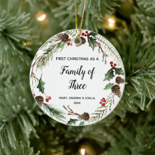 Erste Weihnachten als Familie von drei Keramik Ornament