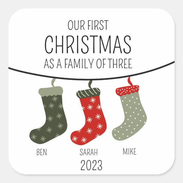 Erste Weihnachten als Familie von drei Quadratischer Aufkleber (Vorderseite)