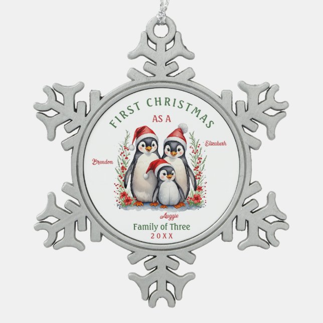 Erste Weihnachten als Familie von drei Schneeflocken Zinn-Ornament (Vorderseite)
