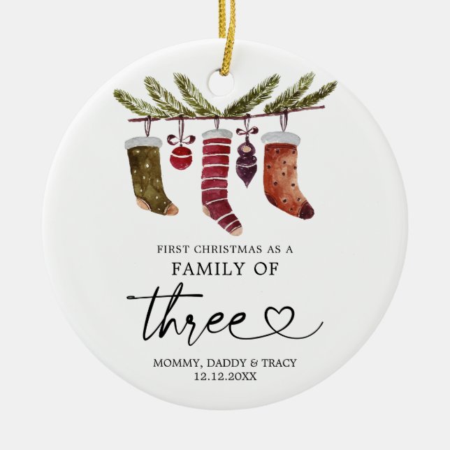 Erste Weihnachten als Familie von drei Ziergeschen Keramik Ornament (Vorne)