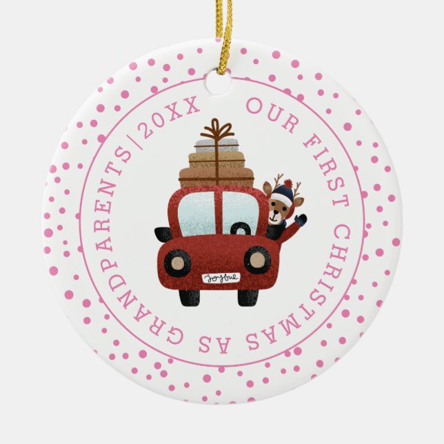 Erste Weihnachten als Großeltern Auto und rosa Fot Keramik Ornament (Vorne)