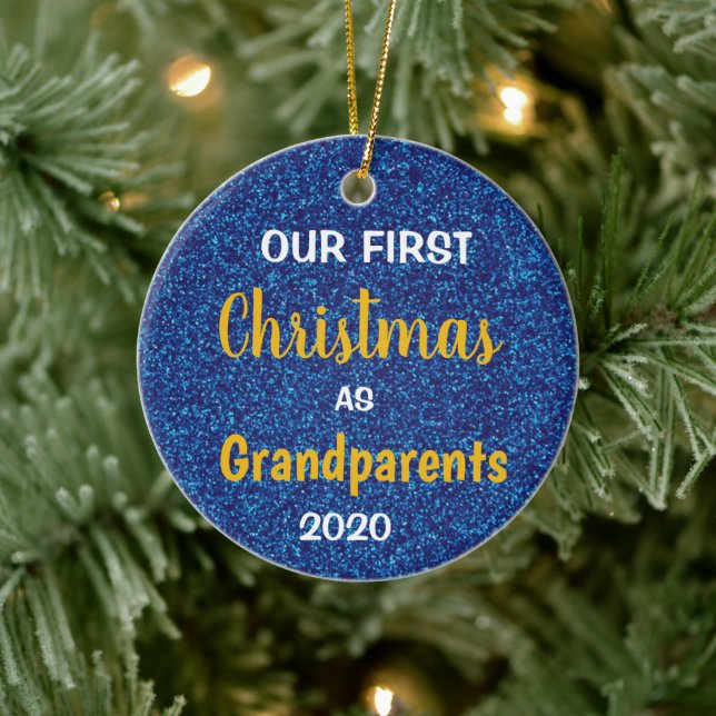 Erste Weihnachten als Großeltern Blue Glitzer Foto Keramik Ornament (Baum)