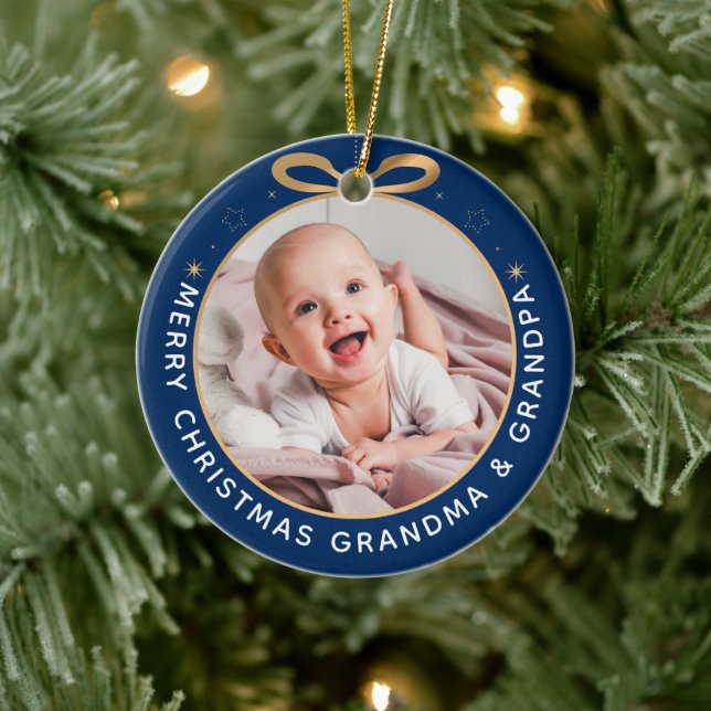 Erste Weihnachten als Großeltern Blue Gold Foto Keramik Ornament (Baum)