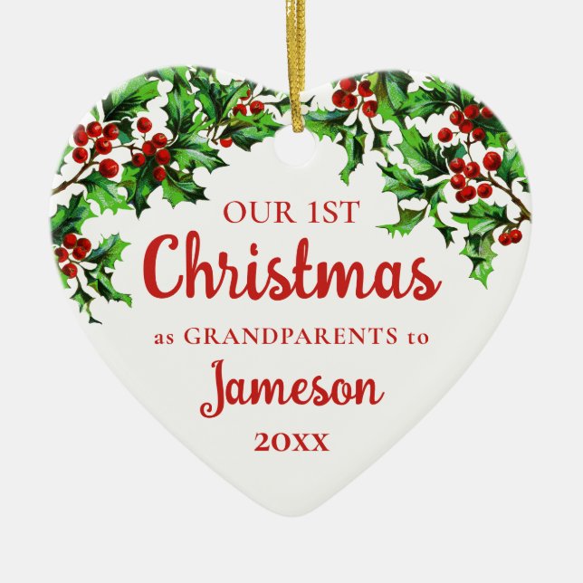 Erste Weihnachten als Großeltern Holly Heart Keramik Ornament (Vorne)