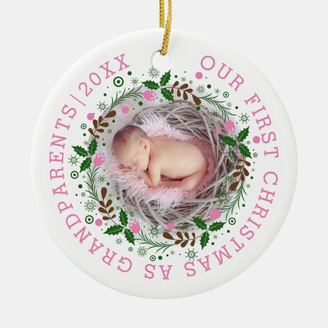 Erste Weihnachten als Großeltern in rosa Foto Keramik Ornament (Vorne)