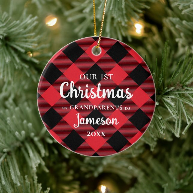 Erste Weihnachten als Großeltern Kariertes Foto Keramik Ornament (Baum)