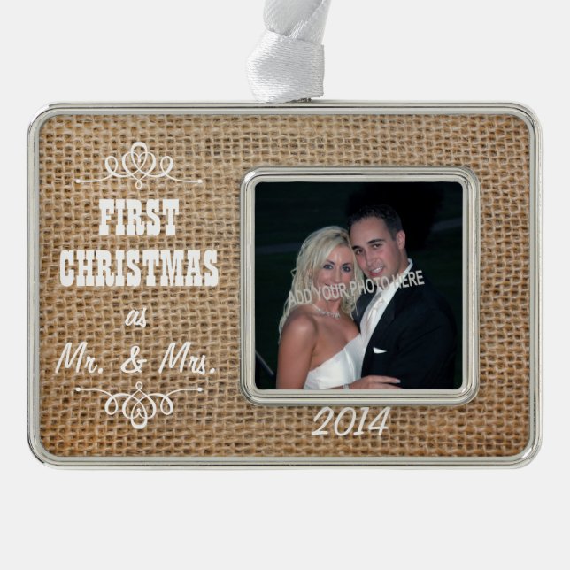 Erste Weihnachten als Herr & Mrs. Burlap Rahmen-Ornament Silber (Vorderseite)
