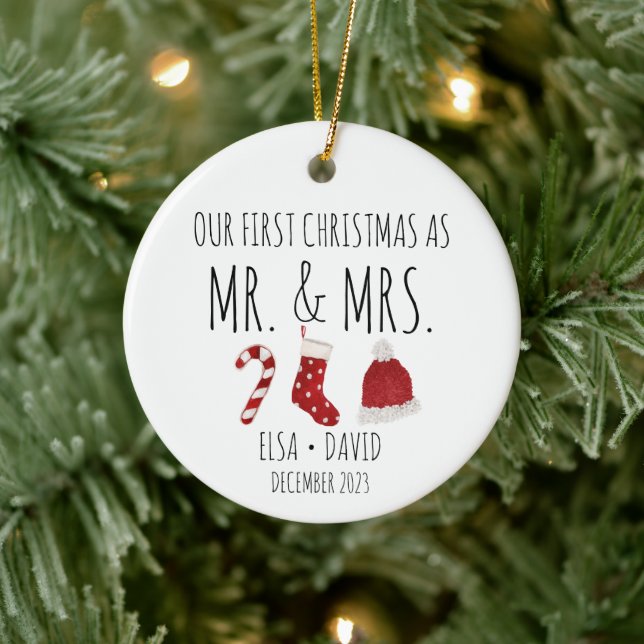 Erste Weihnachten als Herr & Mrs. Christmas Strump Keramik Ornament (Baum)