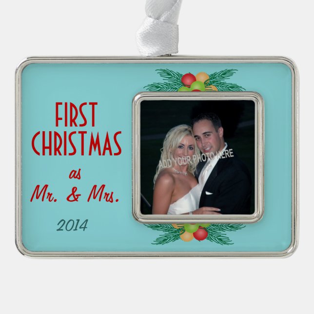 Erste Weihnachten als Herr & Mrs. Foto Rahmen-Ornament Silber (Vorderseite)