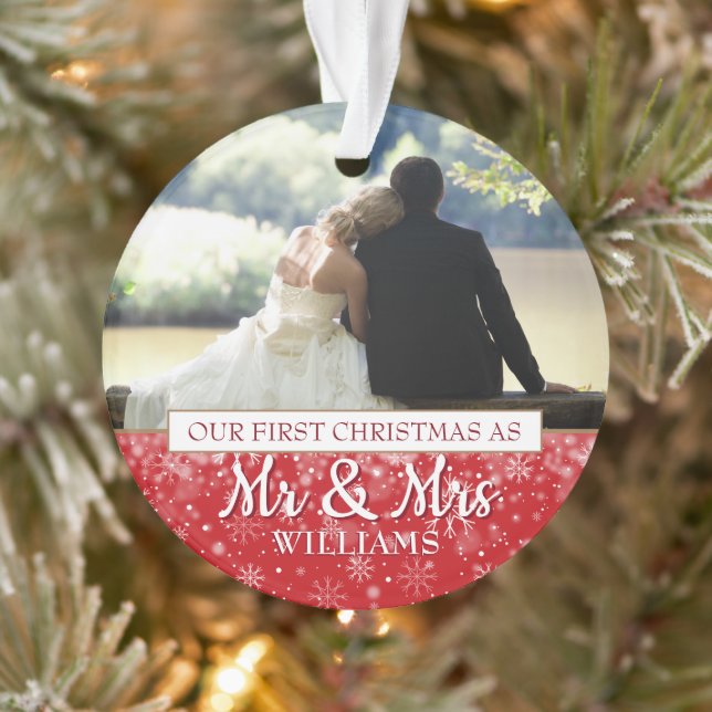 Erste Weihnachten als Mr. & Mrs. 2 Foto Ornament (Baum)