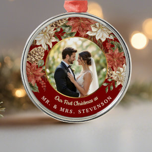 Erste Weihnachten als Mr. & Mrs. Floral Foto Ornament Aus Metall