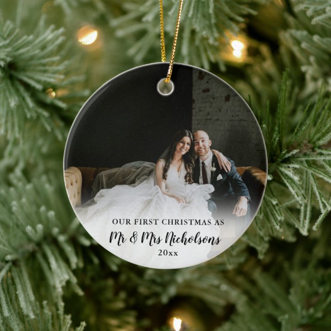Erste Weihnachten als Mr. & Mrs. Foto Overlay Keramik Ornament (Baum)