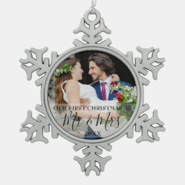 Erste Weihnachten als Mr. & Mrs. Foto Schneeflocken Zinn-Ornament