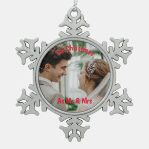 Erste Weihnachten als Mr. & Mrs. Foto Schneeflocken Zinn-Ornament