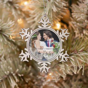 Erste Weihnachten als Mr. & Mrs. Foto Schneeflocken Zinn-Ornament
