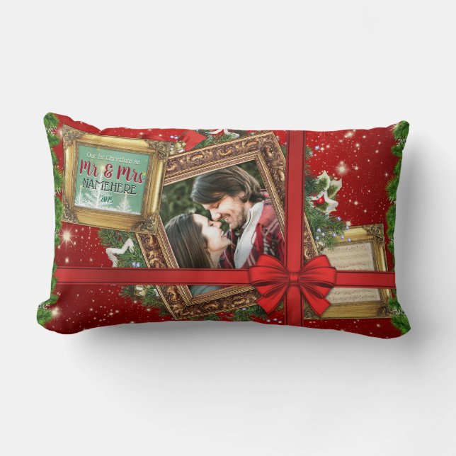 Erste Weihnachten als Mr. & Mrs. Gold Frame Foto Lendenkissen (Vorderseite)
