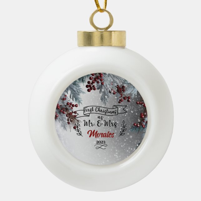 Erste Weihnachten als Mr. & Mrs. Keramik Kugel-Ornament (Vorderseite)