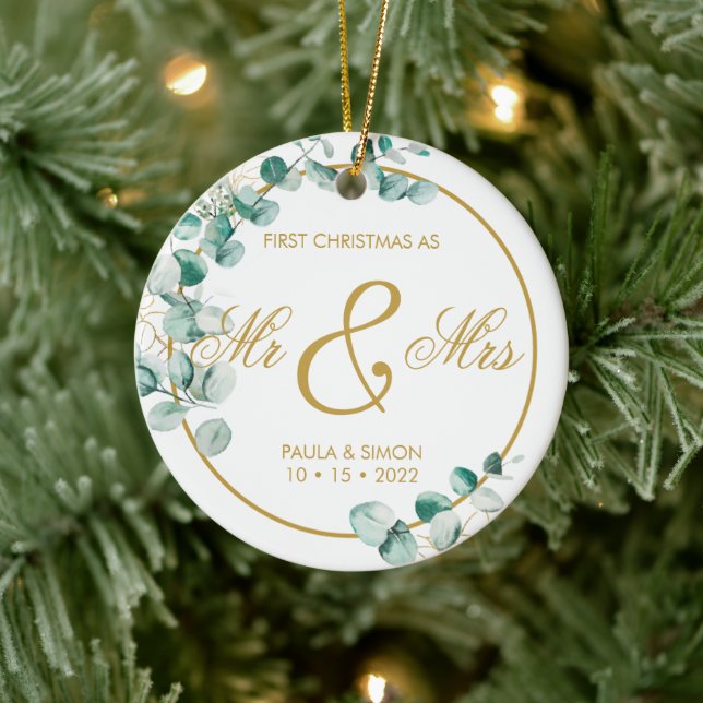 Erste Weihnachten als Mr. & Mrs. Keramik Ornament (Baum)